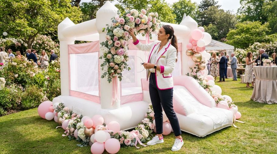 Woman posing beside pink floral wedding photo booth on a grassy lawn