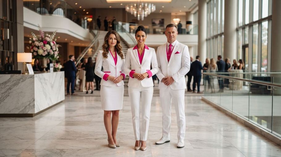 Three people in matching white and pink outfits standing in a bright hotel lobby.