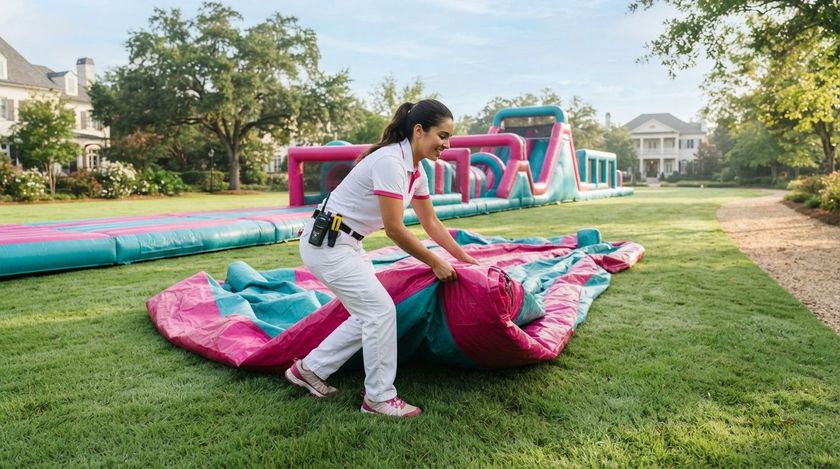 Person in white sweats arranging a pink-and-teal inflatable on a grassy lawn in a sunny park.