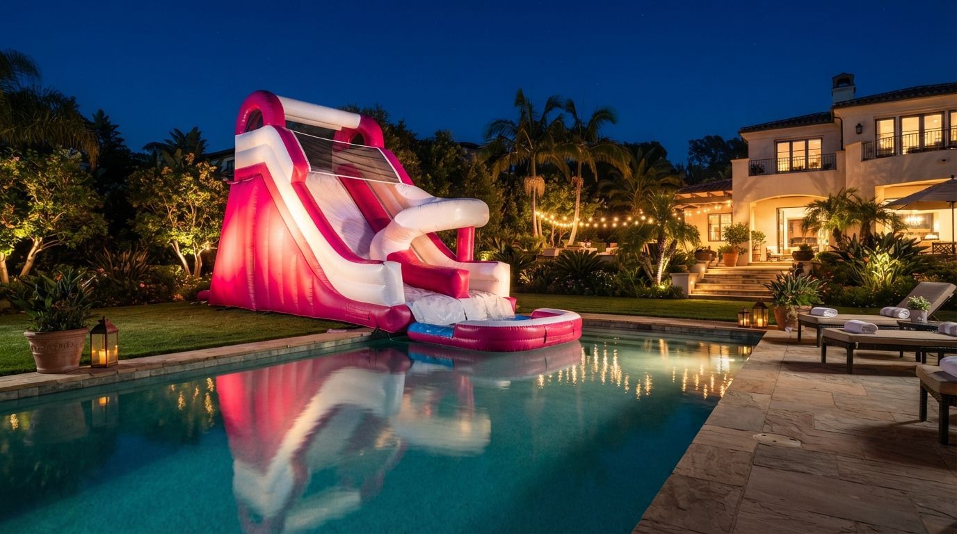 Lit pink-and-white water slide in a lit backyard pool at night, beside a luxury home and patio furniture