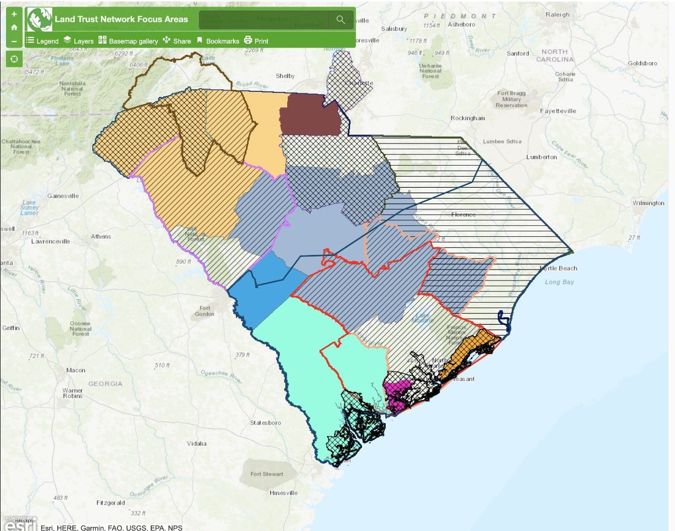 An interactive map of South Carolina's network of land trust regions.