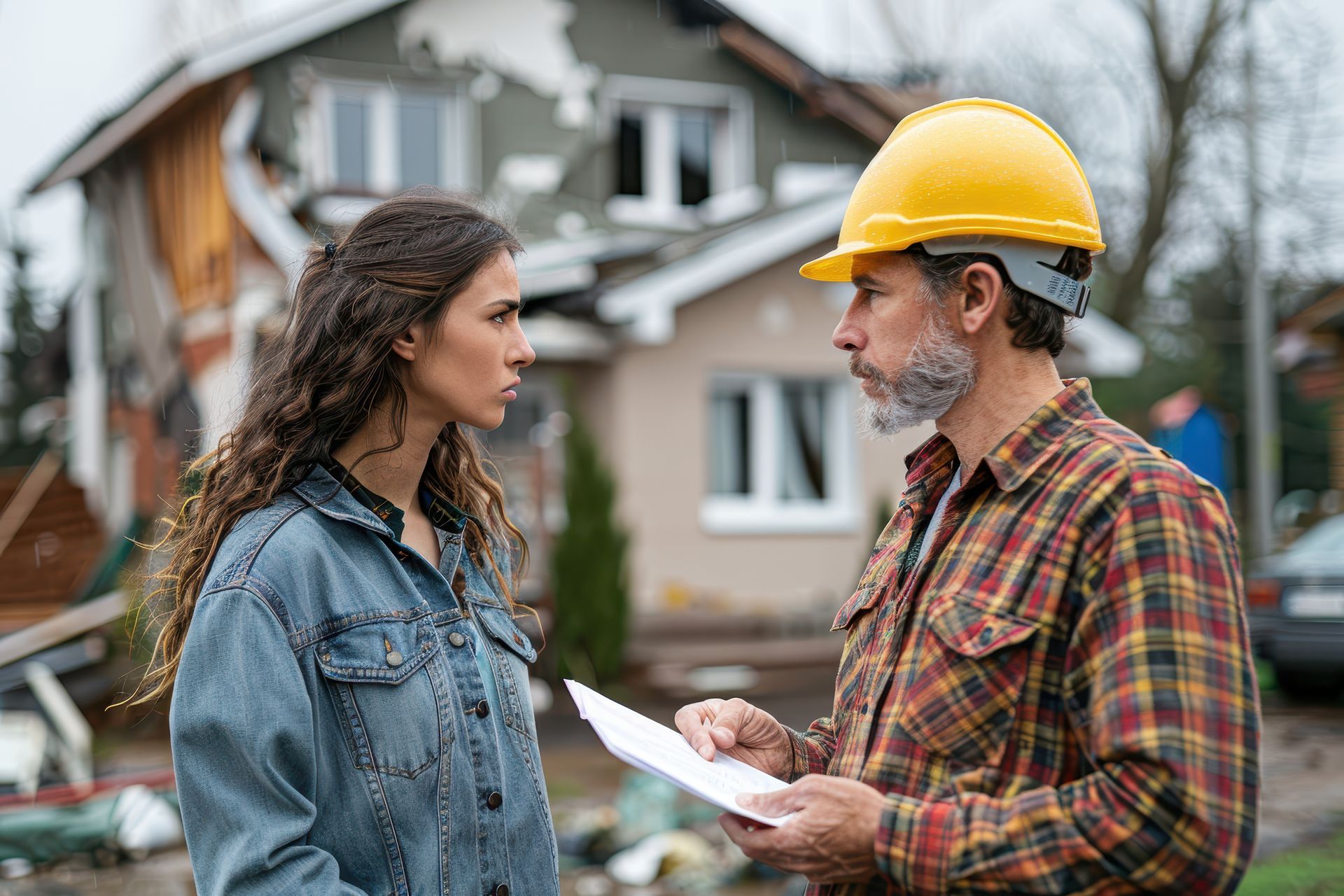 A man and a woman are standing in front of a damaged house.
