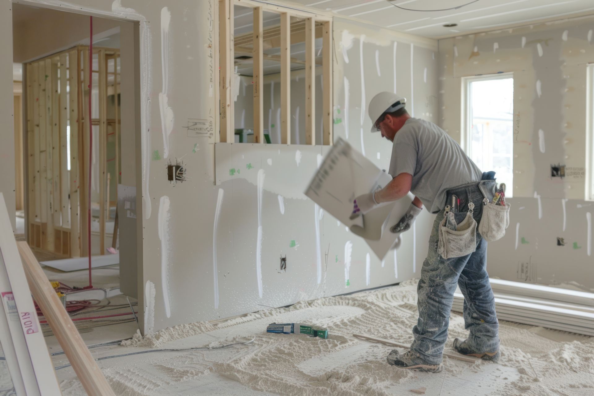 A man is plastering a wall in a house under construction.