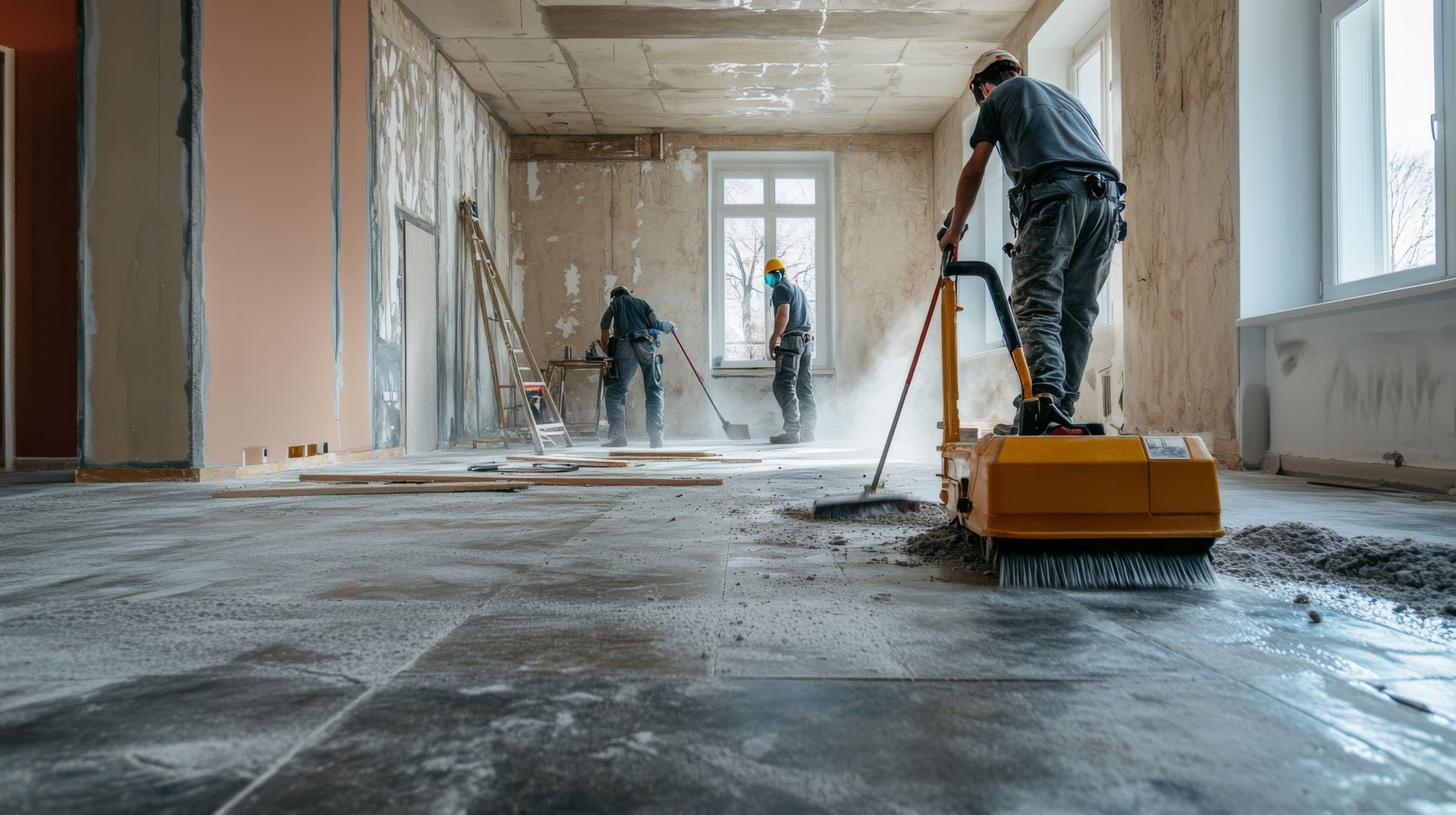 A group of construction workers are cleaning the floor of a building.