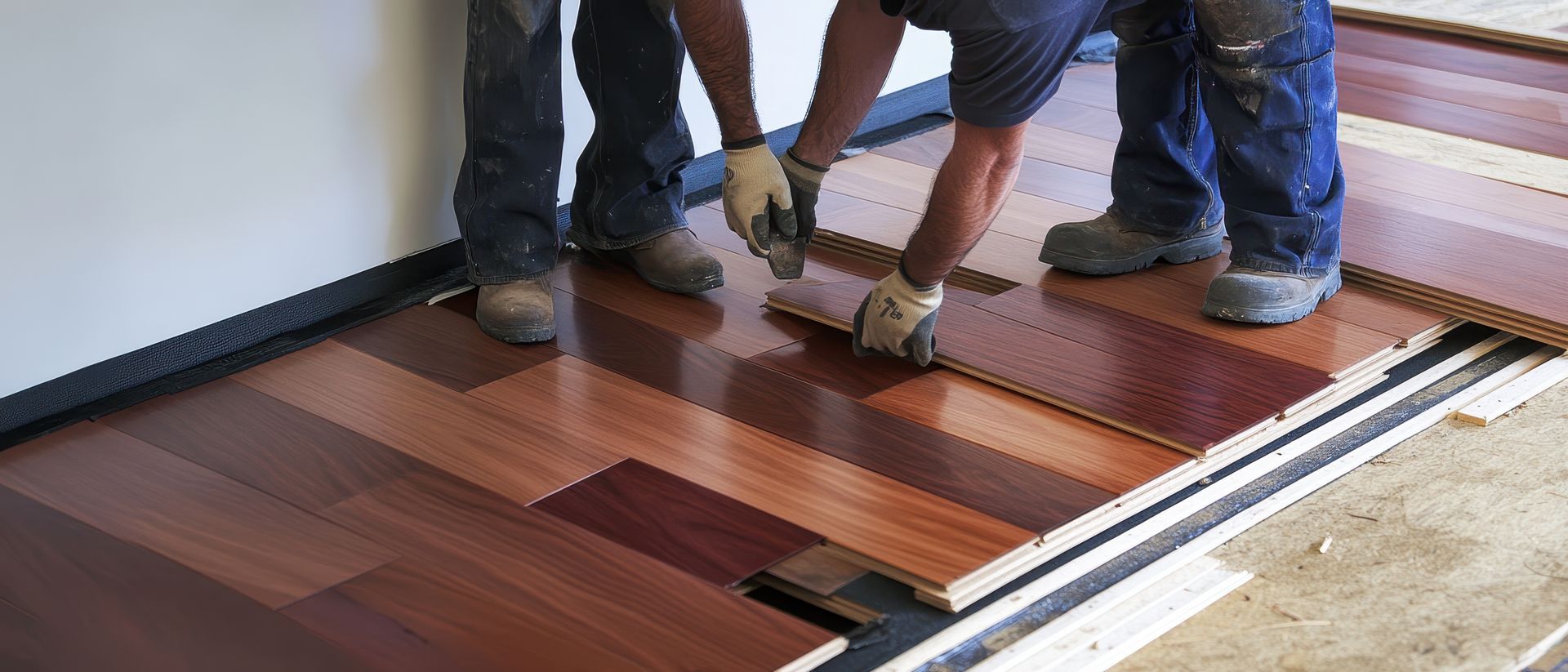 A group of people are working on a wooden floor.
