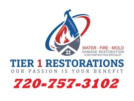 A logo for tier 1 restorations with a phone number