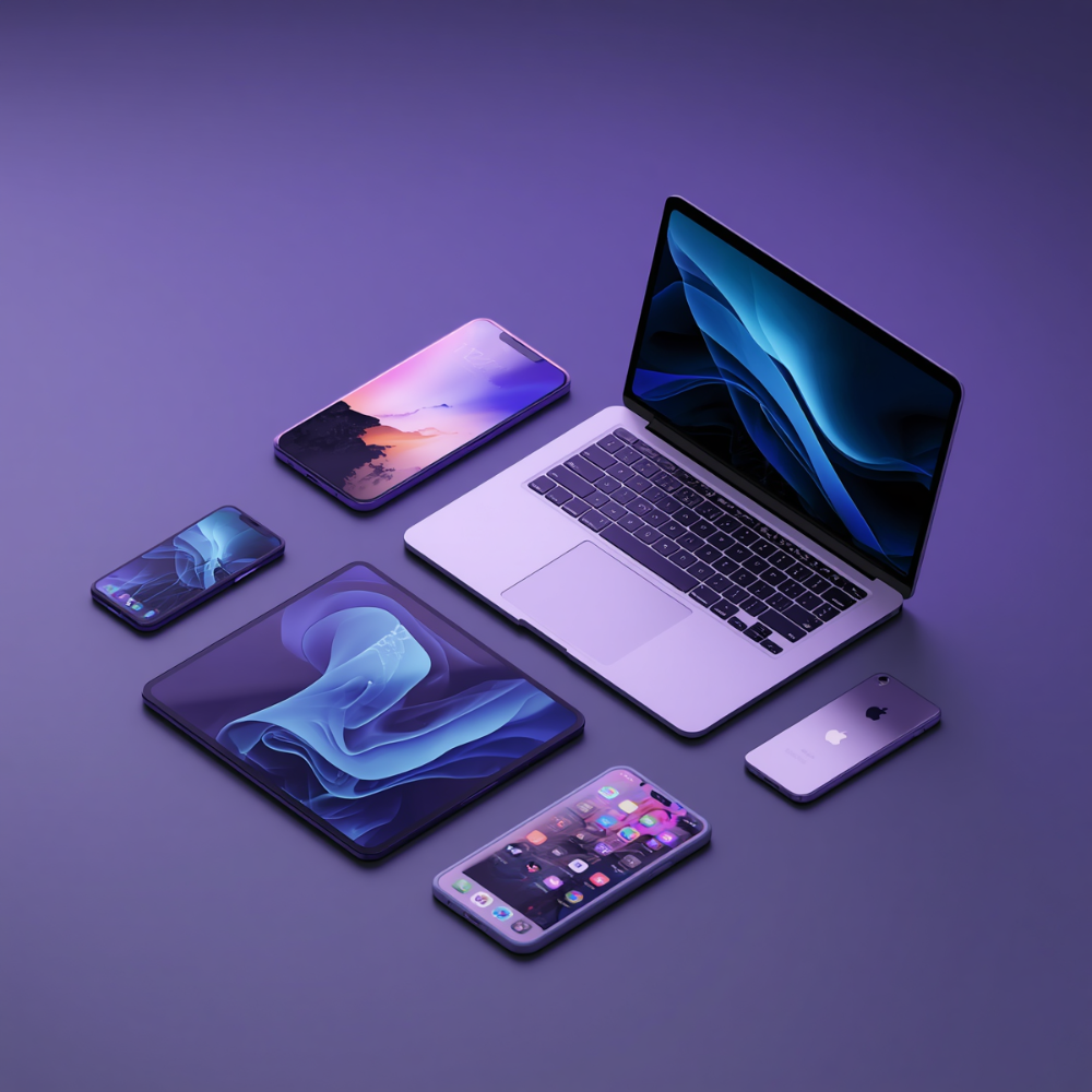 Notebook y cuatro teléfonos inteligentes que muestran fondos de pantalla abstractos de olas azules.