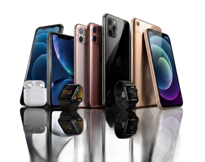 Varios teléfonos inteligentes y relojes inteligentes en negro, azul, oro rosa y plata sobre una superficie reflectante.