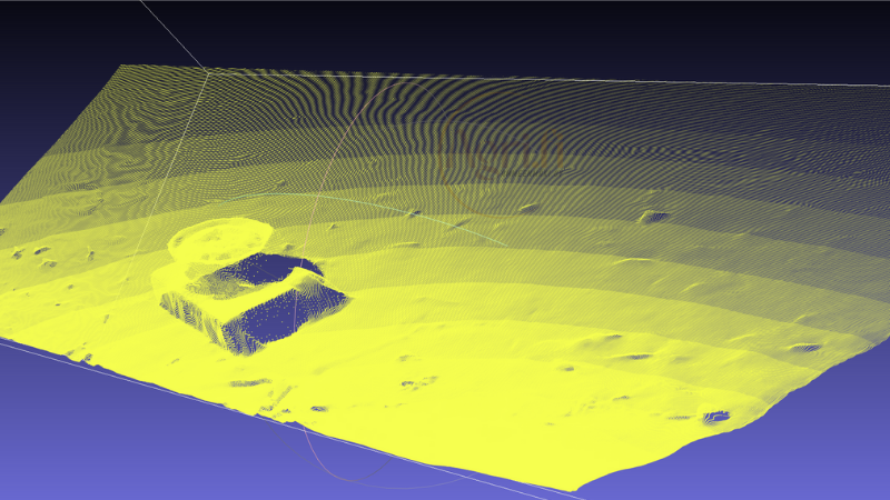 3D-keltainen ja sininen renderöinti vedenalaisesta rakenteesta, jossa on kerrostettu maasto.