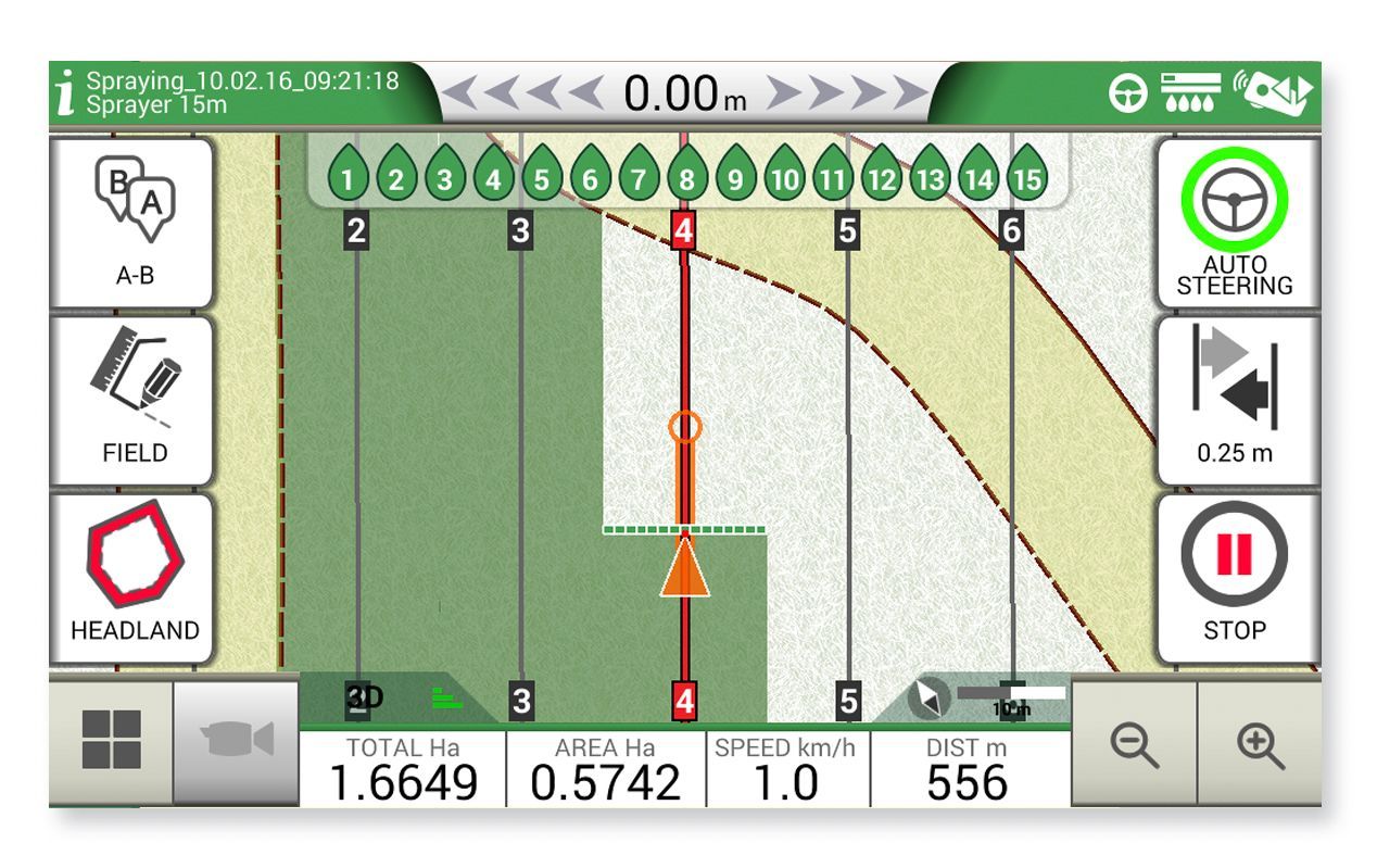 Farmnavigator visuaalinen lohko-ohjaus ja työalueen maalaus näytöllä