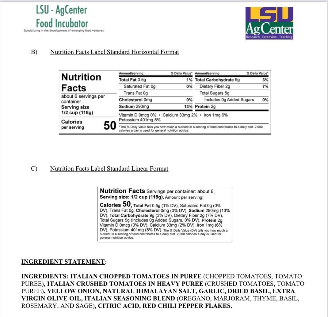 A picture of a nutrition facts label for a food incubator.