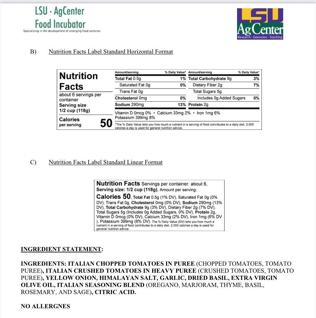 A nutrition facts label for lsu ag center food incubator