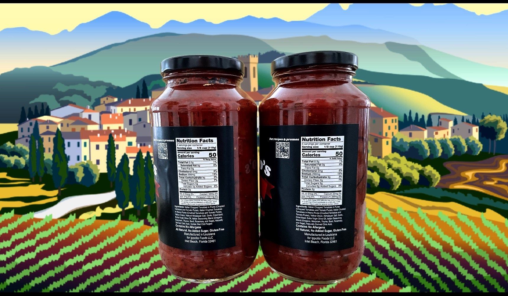 Two jars of tomato sauce are sitting next to each other in front of a landscape.