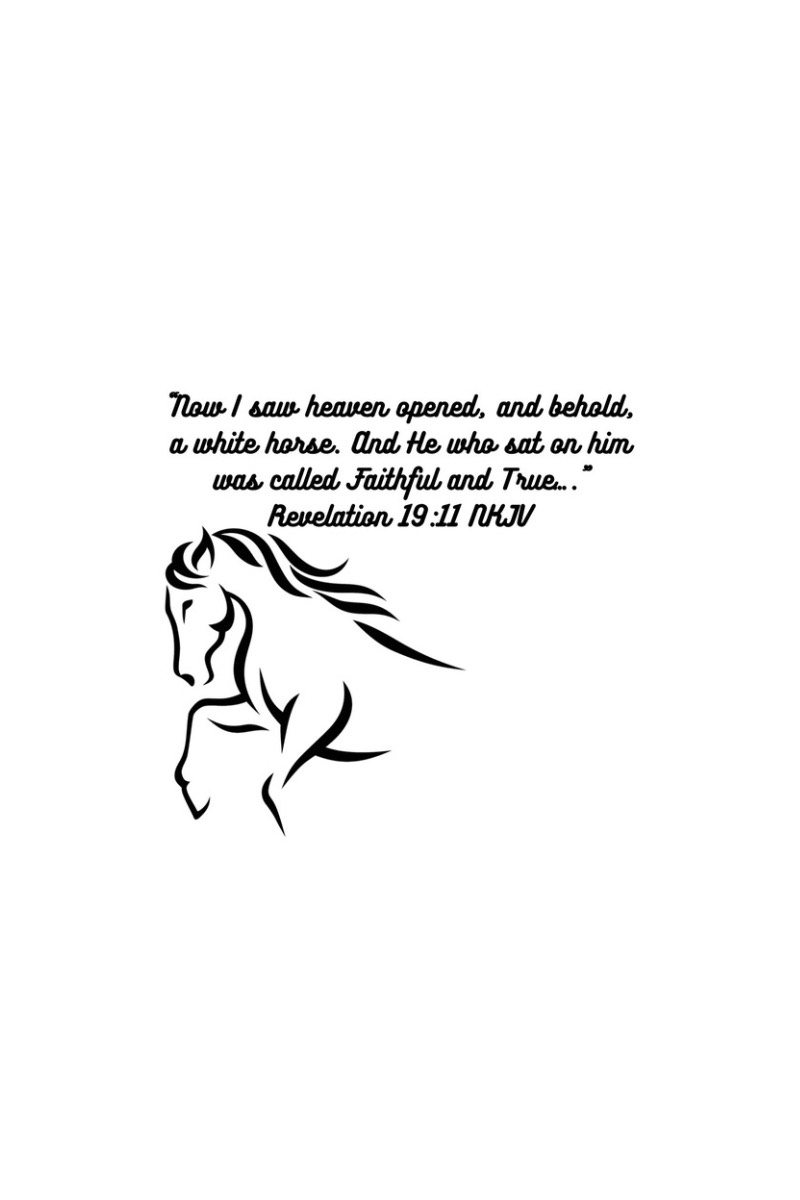A black and white drawing of a horse with a bible verse.