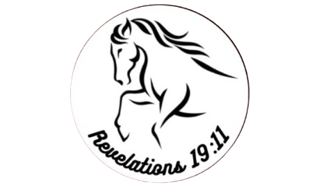 A black and white drawing of a horse in a circle with the words revelations 19:11