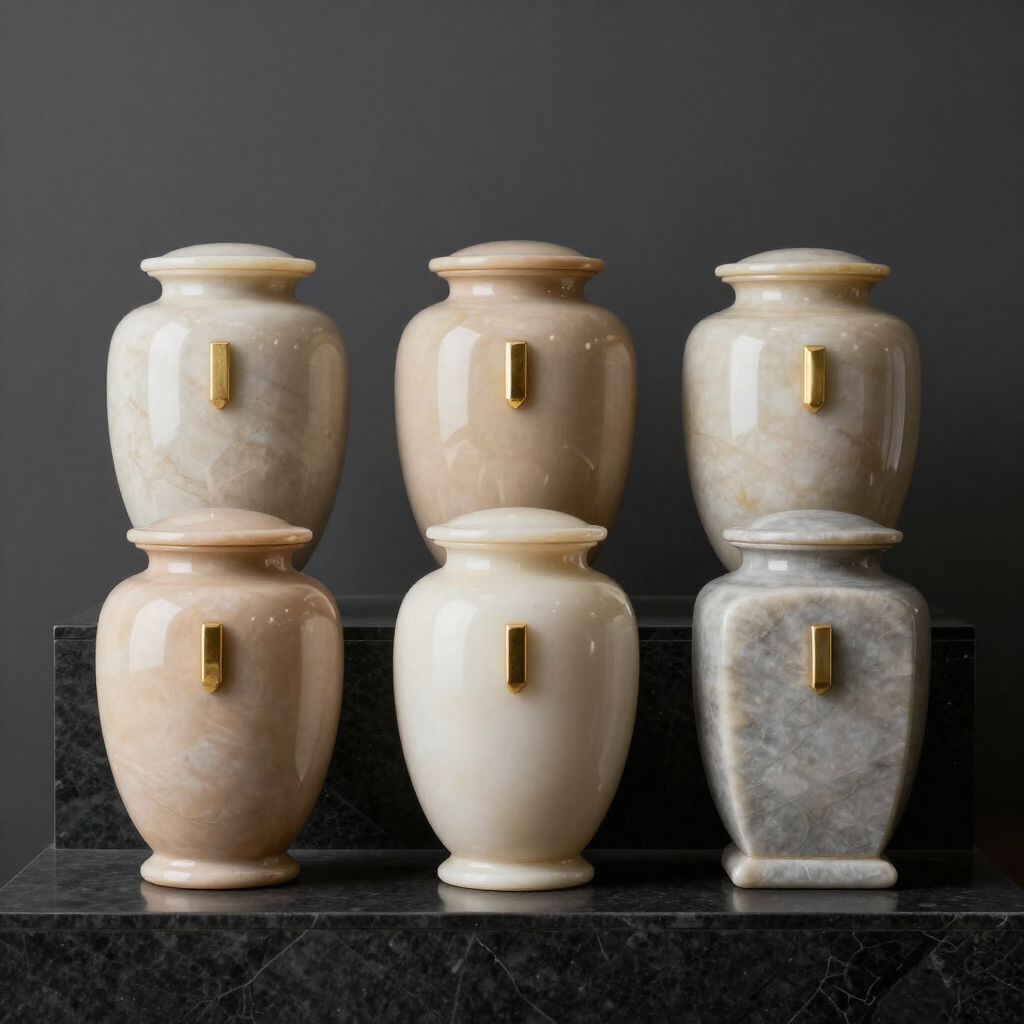 Seis jarrones decorativos de cerámica en tonos beige, blanco y gris, dispuestos sobre una repisa de piedra oscura.