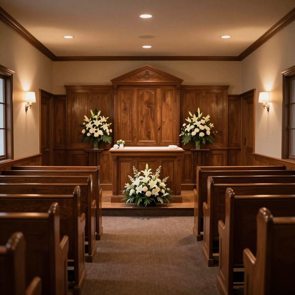 Interior vacío de la capilla con bancos de madera, arreglos florales y un altar central al frente.