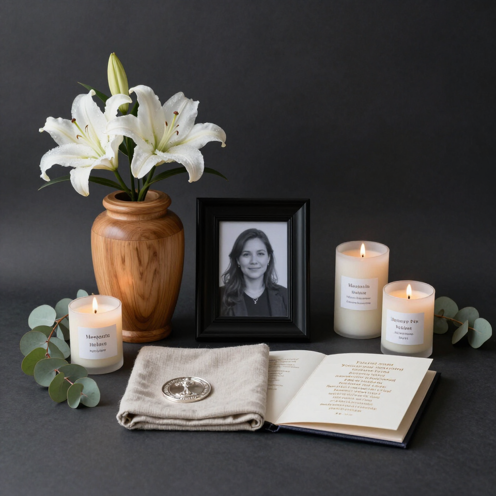 Exhibición conmemorativa con retrato enmarcado, lirios blancos, velas y un libro abierto sobre un fondo oscuro.