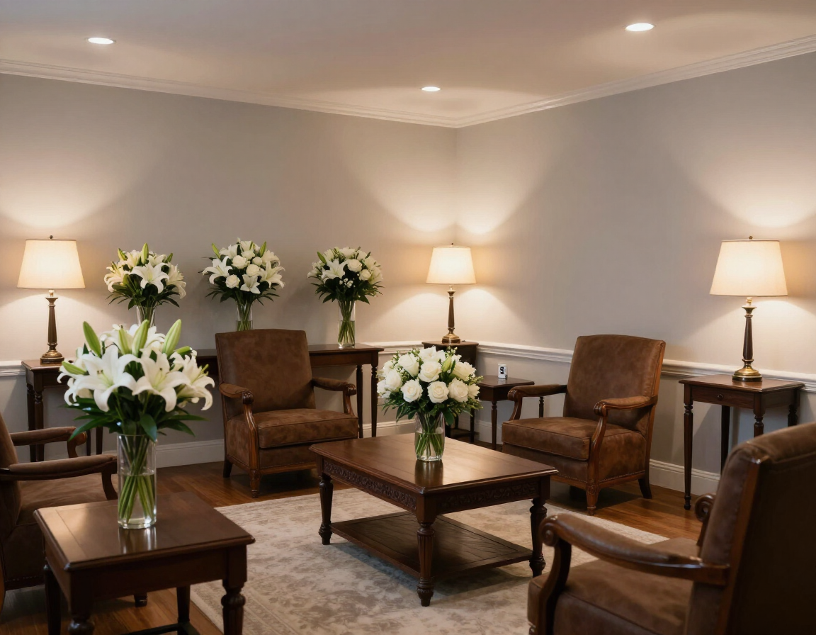 Acogedora sala de espera con sillas marrones, mesas auxiliares, lámparas y arreglos florales blancos.