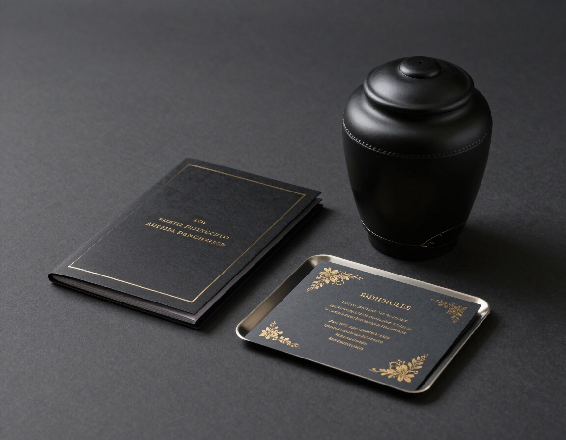 Folleto conmemorativo negro, tarjeta a juego y urna sobre una superficie oscura.