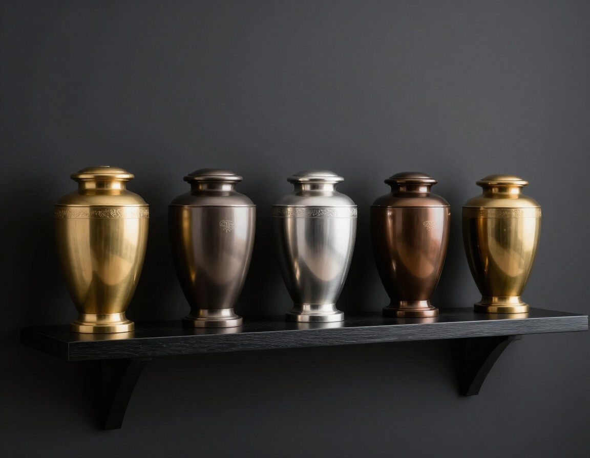 Cinco urnas decorativas metálicas en oro, plata y bronce reposan sobre un estante de pared negro contra una pared oscura.