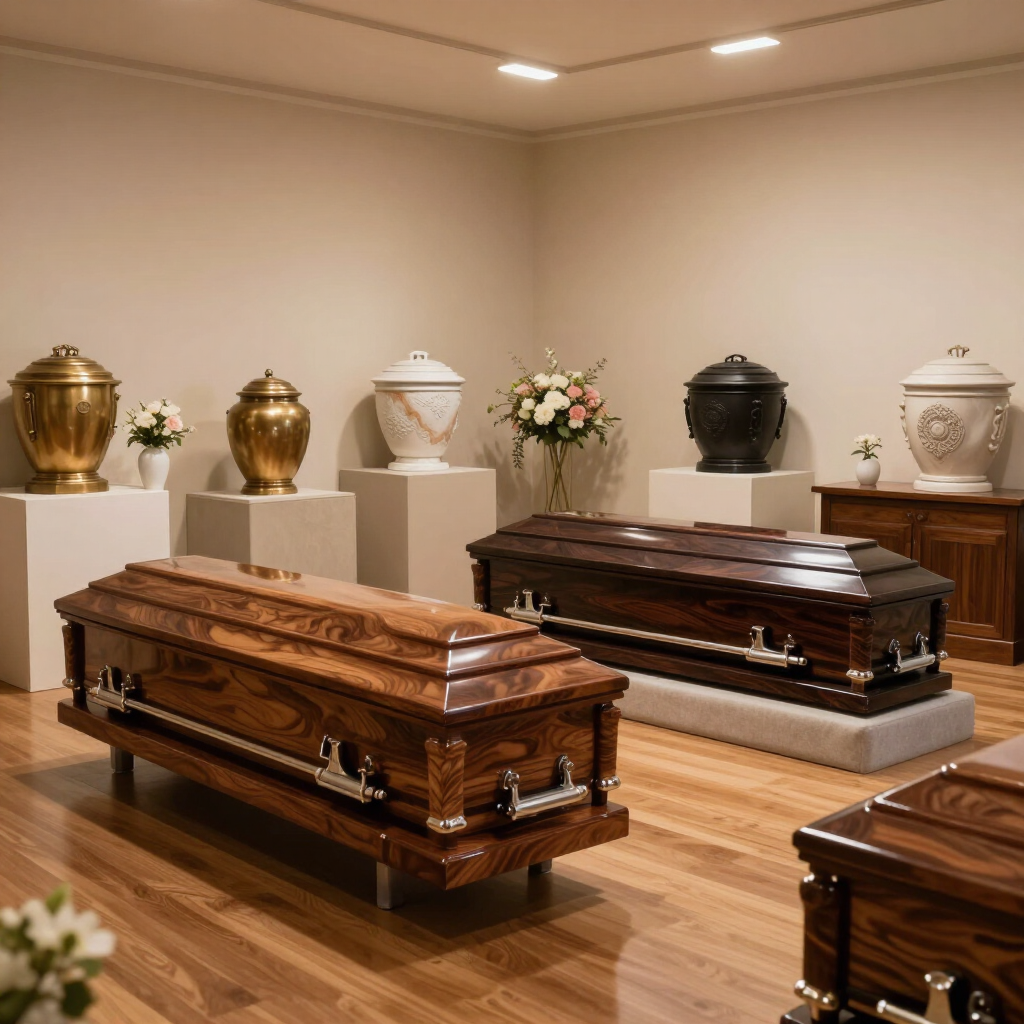 Sala de exposición funeraria con ataúdes de madera pulida y urnas decorativas sobre pedestales y mesas.