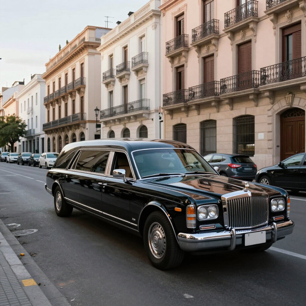 Coche clásico de lujo negro aparcado en una calle de la ciudad bordeada de edificios de colores pastel.