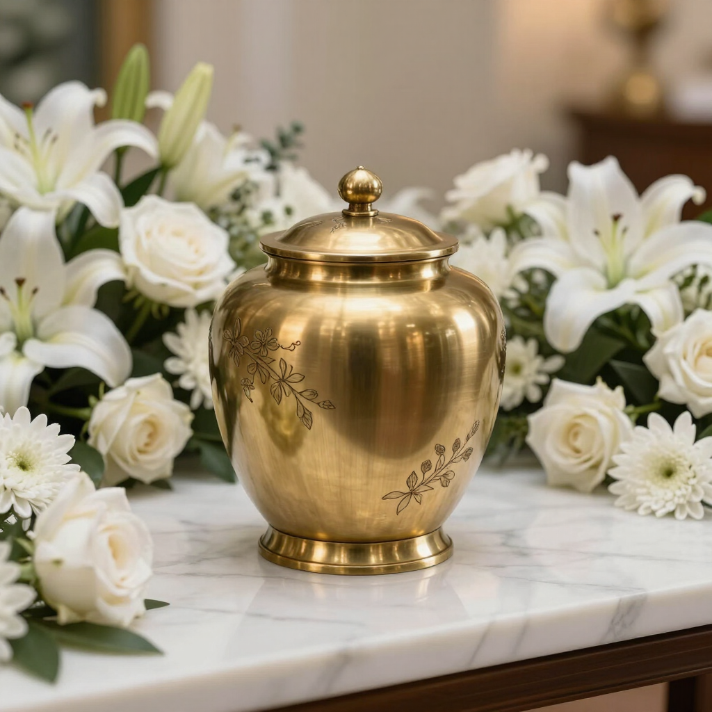 Urna funeraria de oro sobre mármol blanco rodeada de rosas y lirios blancos.