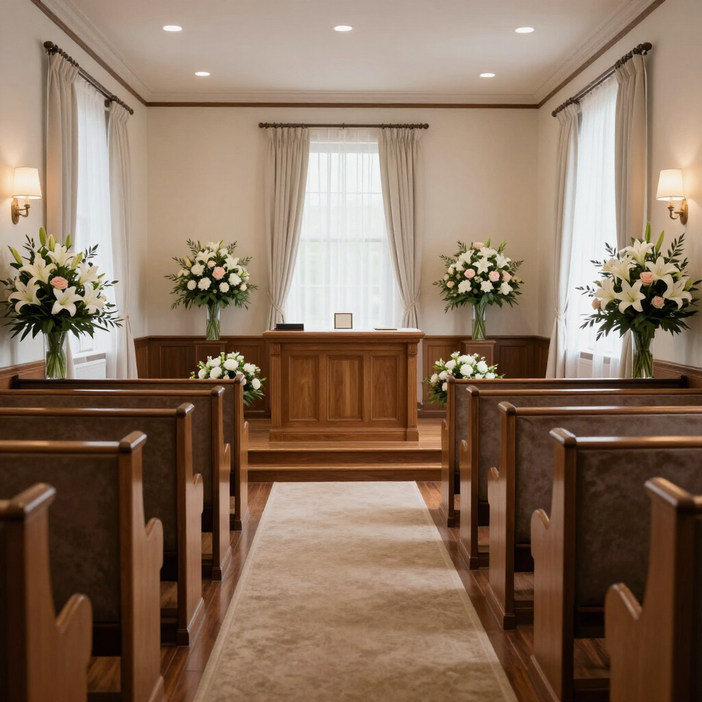 Pequeña capilla con bancos de madera, arreglos florales y un altar sencillo en la parte delantera.