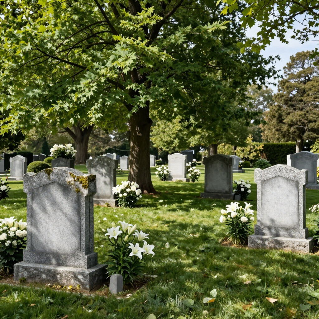 Cementerio soleado con hileras de lápidas bajo árboles frondosos y flores blancas en el césped.