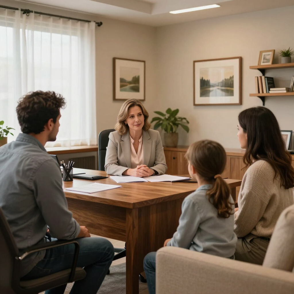 Reunión familiar con un consejero en una oficina luminosa, sentados alrededor de una mesa de madera.