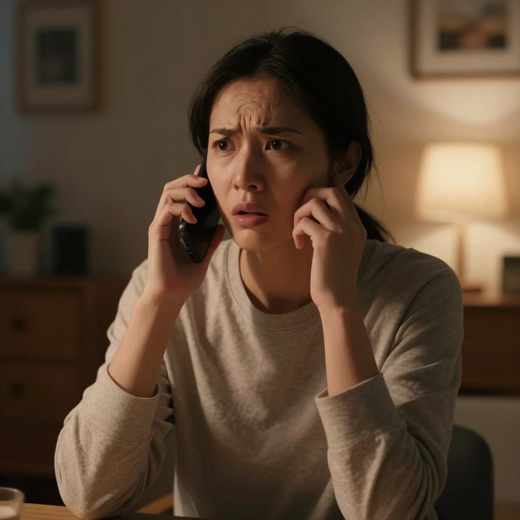Una mujer hablando por teléfono, con aspecto preocupado, en una habitación con iluminación tenue.