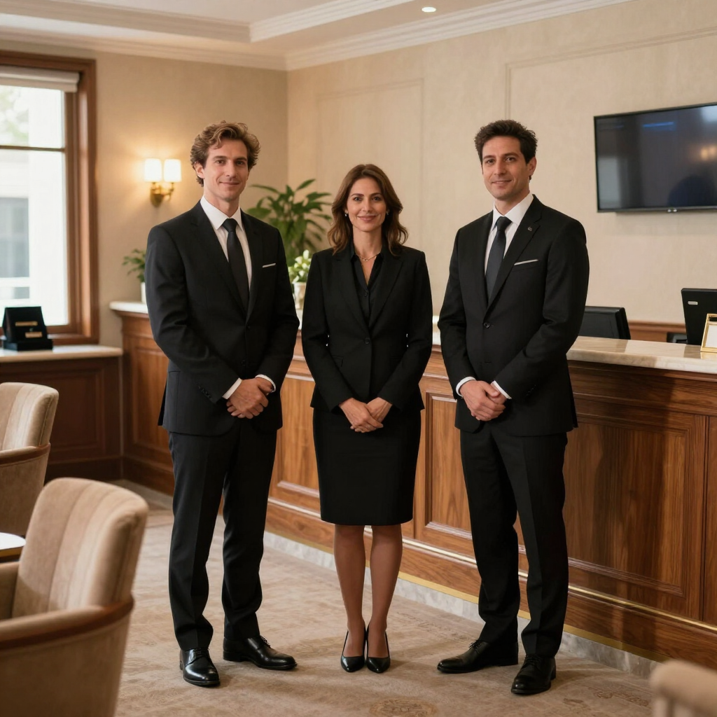 Tres personas vestidas con trajes negros de pie en la recepción del vestíbulo de un hotel.