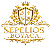 Logotipo dorado con la inscripción “SEPELIOS BOYACA”, un escudo coronado y elaborados detalles florales.
