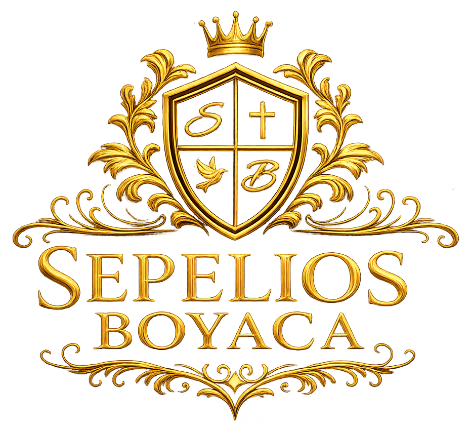 Logotipo dorado con la inscripción “SEPELIOS BOYACA”, un escudo coronado y elaborados detalles florales.