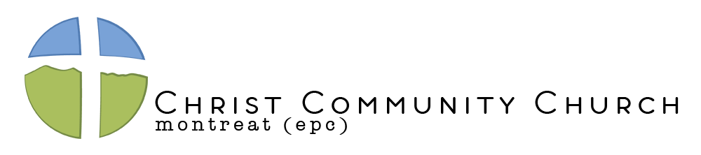 Christ Community Church Montreat (EPC) circular logo with a cross through the center with blue on top and green on the bottom