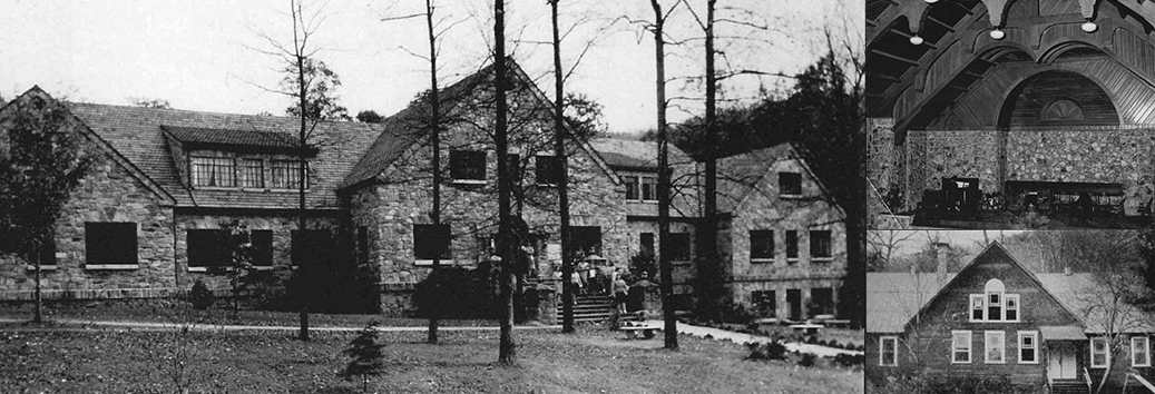 Black and white photo collage of the interior and exterior of a stone building  and the exterior of a wooden building.