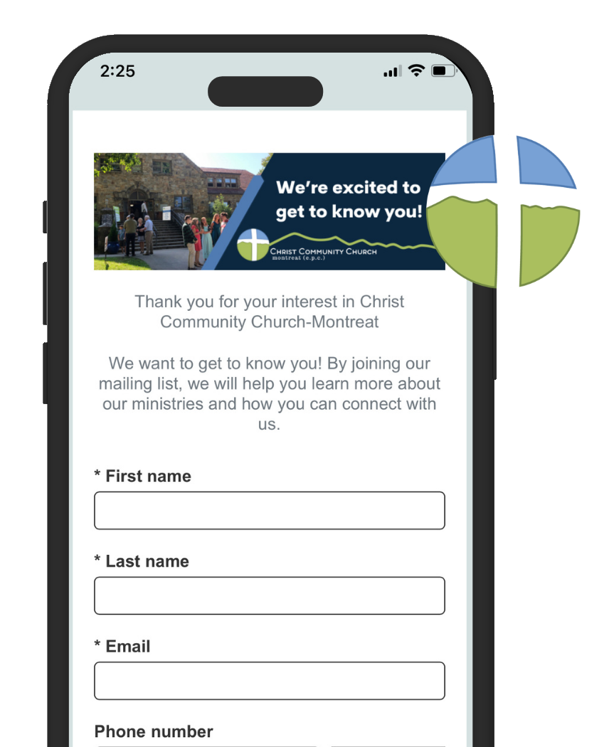 Mobile church contact form with welcome text and fields for first name, last name, email, and phone number.