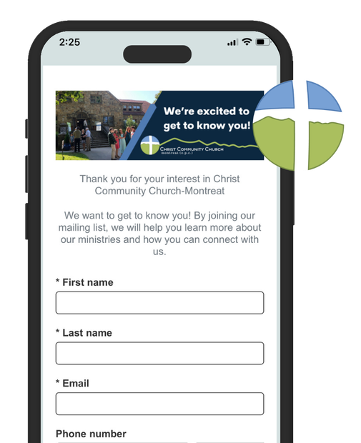 Mobile phone showing a church community contact form with a blue-green banner and fields for name, email, and phone number