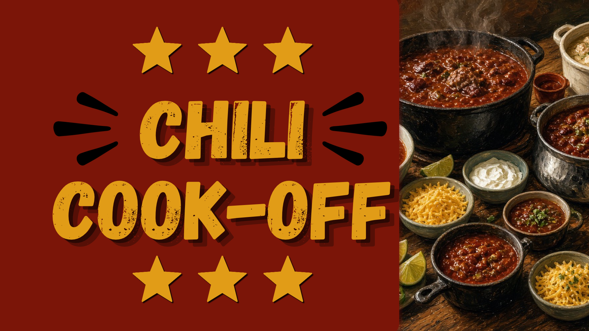 Chili cook-off poster with stars, bold yellow text, and bowls of chili on a rustic table