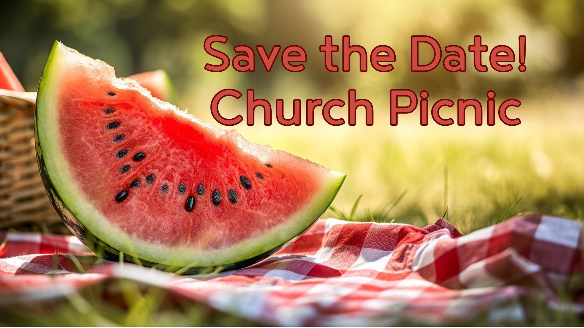 Save the Date! Church Picnic with watermelon on a red-and-white checkered cloth