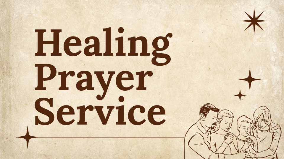 “Healing Prayer Service” text on beige background with star accents and praying hands illustration