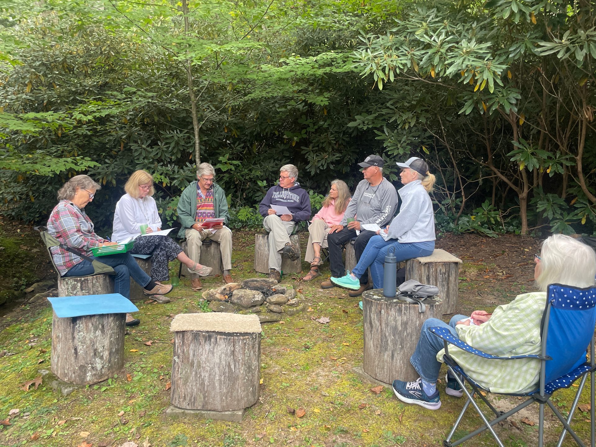 Group of people sitting around a small fire pit on cut tree stumps.