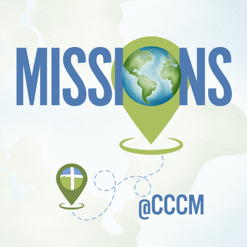 A green map pin with a cross and another with a globe, linked by a dotted path, with the text