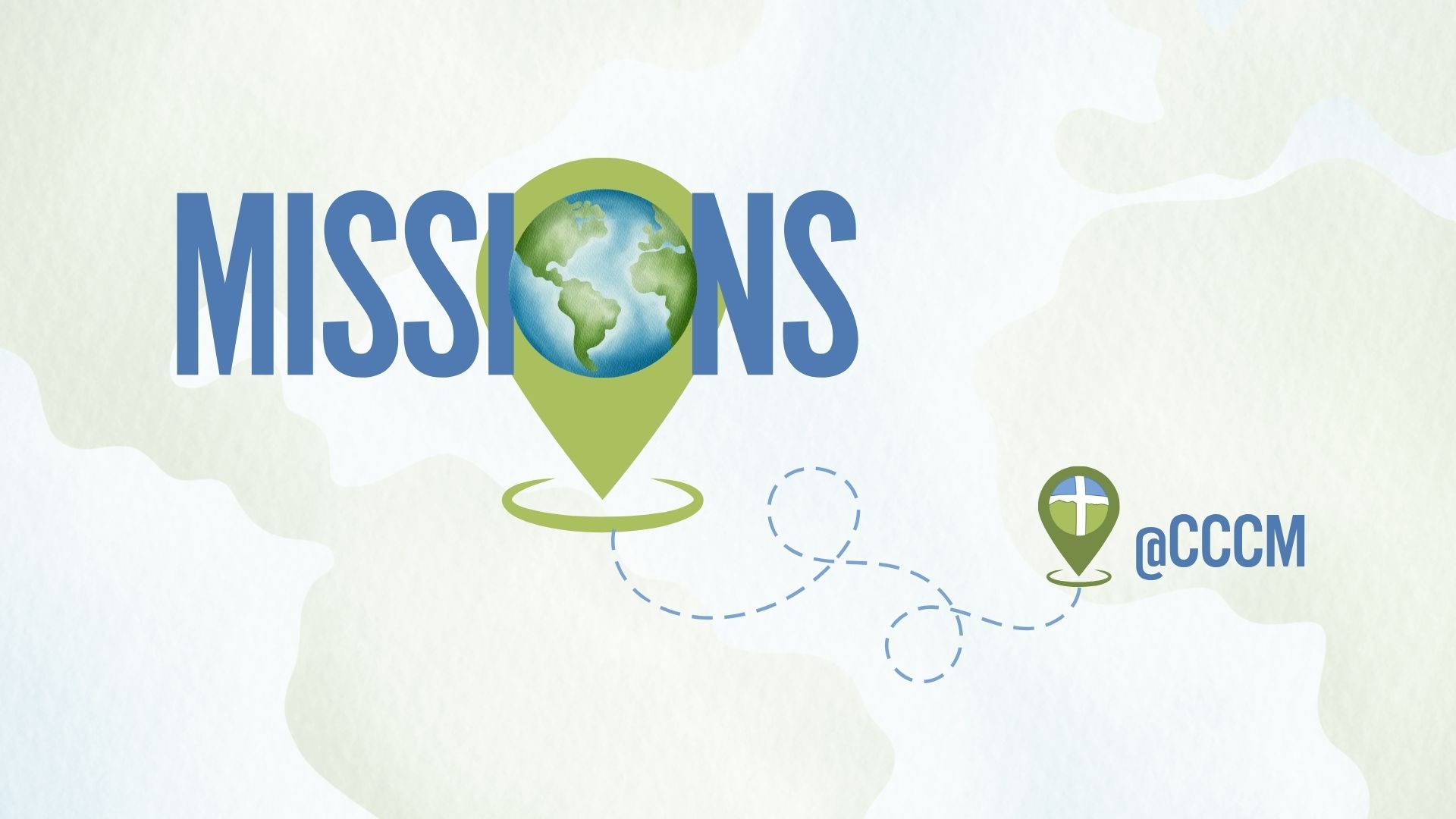 Missions at CCCM - faded world map background with a looping dotted line going from a large waypoint to a small waypoint.