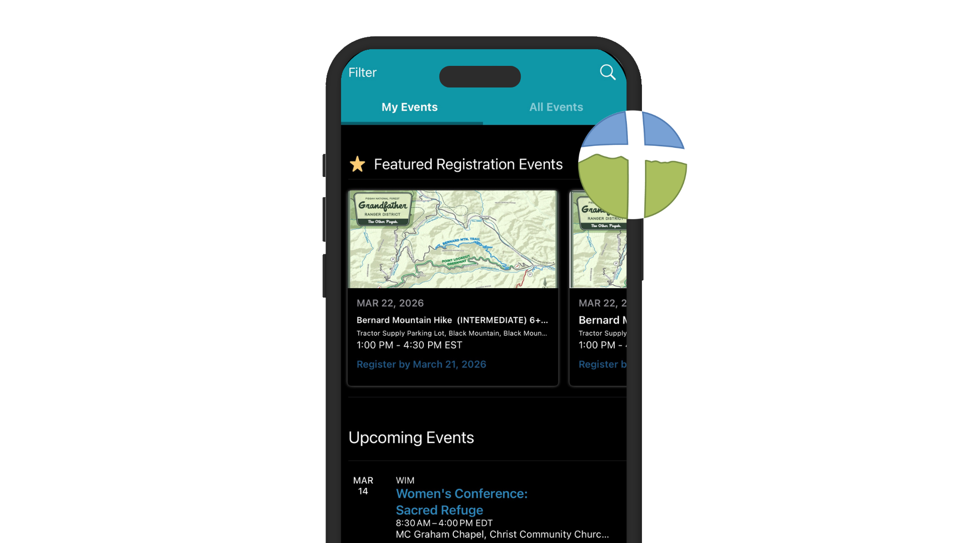 Smartphone showing a dark-themed map app with a location list and a circular green-blue logo overlay