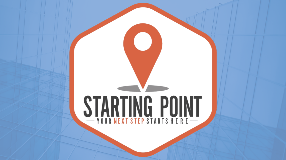 Logo reading “STARTING POINT” with an orange map pin inside a white hexagon on a blue background