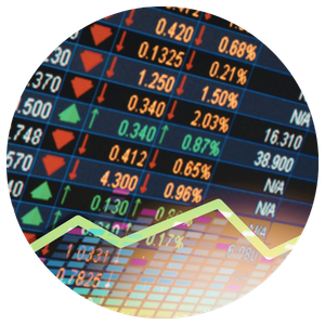 A circular crop of a stock market display showing price data, red and green arrows, and a yellow trend line overlay.