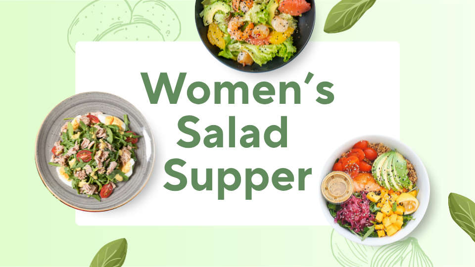 Women’s Salad Supper with three colorful salad bowls on a light green background
