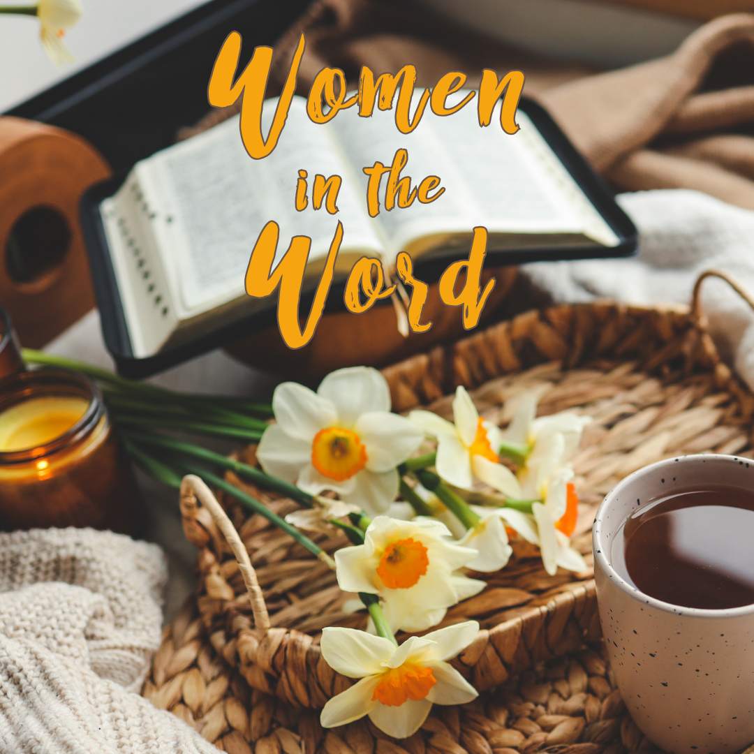 Coffee and flowers beside an open book, with “Women in the Word” text on top.